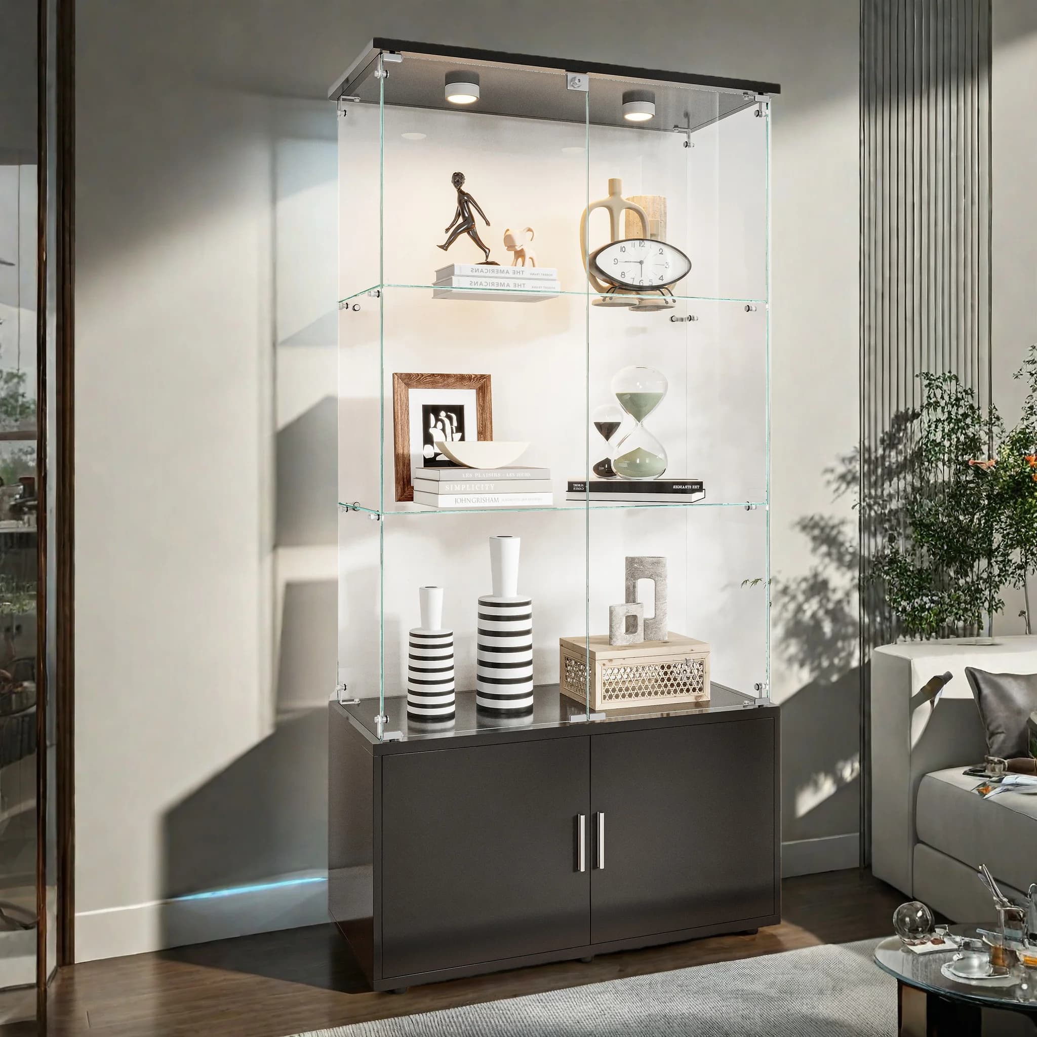 Vitrina de Vidrio de Piso a Techo Anajqaqia, Vitrina con 4 Estantes y Luces LED, para Bar, Negra