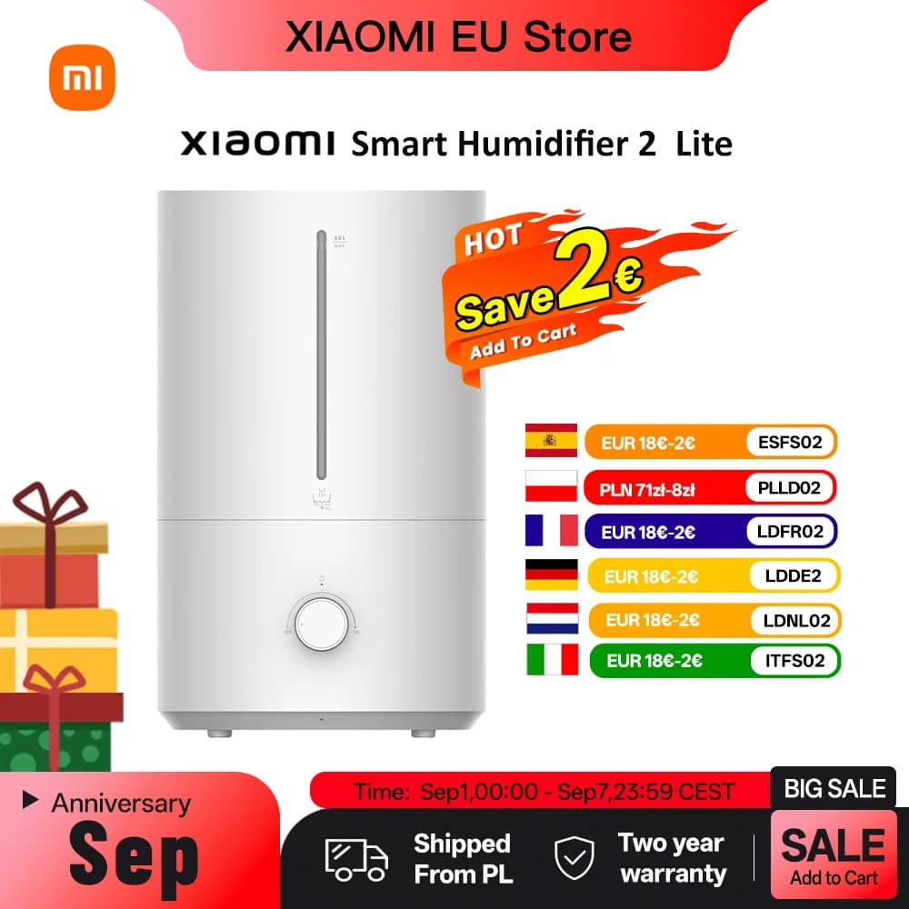 XIAOMI Humidificador 2 Lite Humidificador con Humidificación 300 ml/h, Tanque de Agua con Eficiencia Antibacteriana 99.9%, Capacidad 4 L