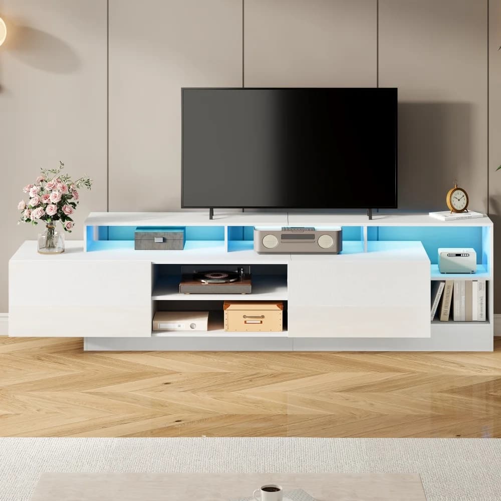 Mueble de TV moderno de 190*40*48,5 cm para dispositivos de TV de hasta 70 pulgadas, sala de almacenamiento abierta con pantallas LED, tablero bajo