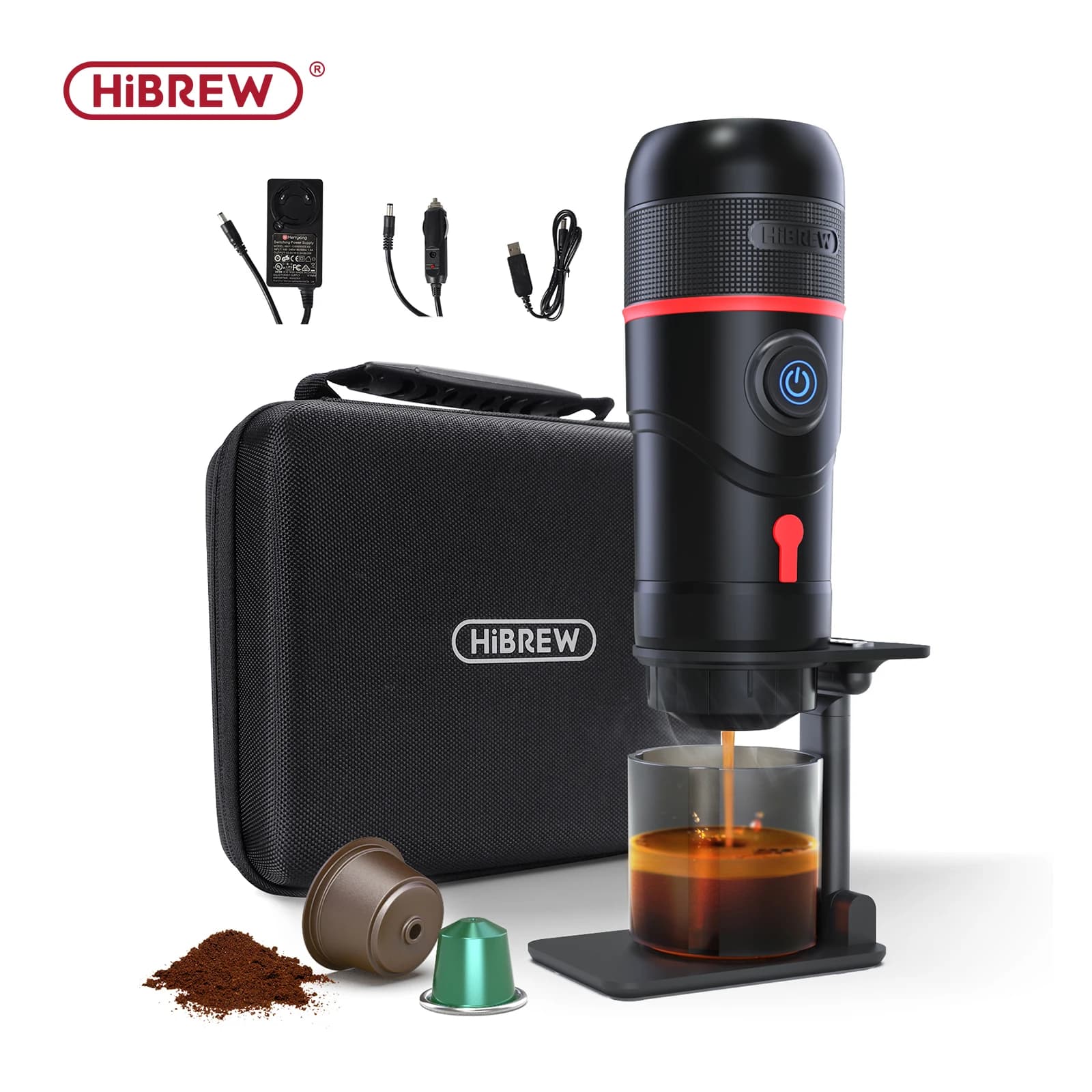 HiBREW-cafetera portátil para coche y hogar, cafetera Expresso DC12V compatible con cápsulas de café en polvo Nexpresso Dolce Pod H4