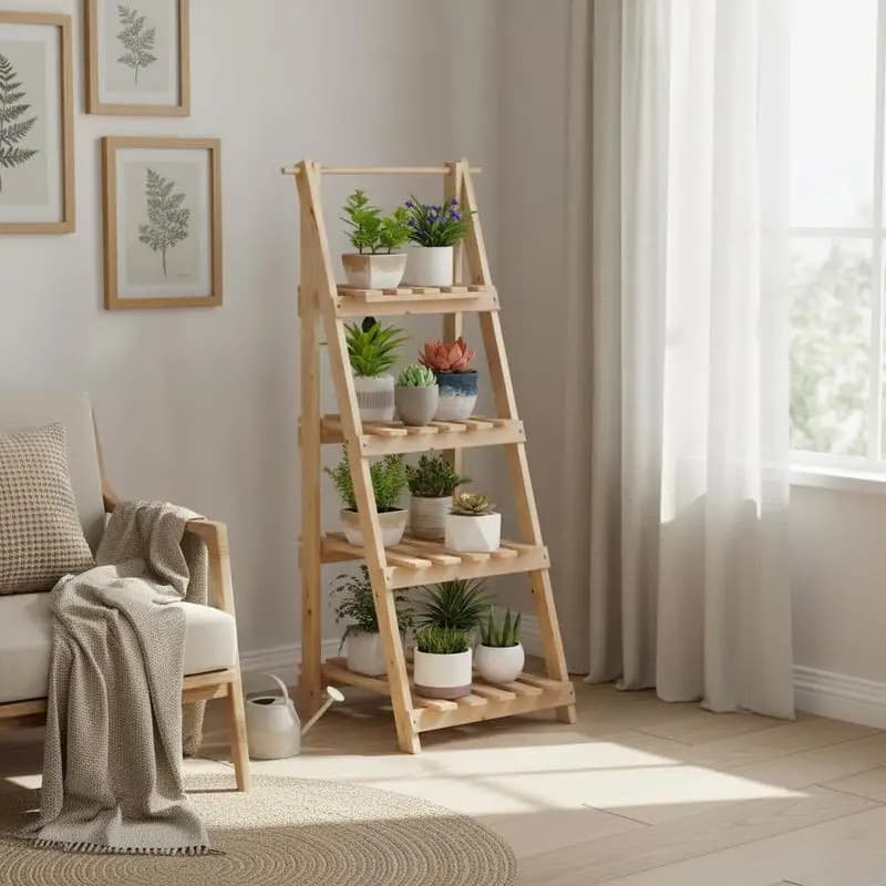 Soporte de Madera para Plantas, Soporte para Suculentas, para Sala de Estar o Dormitorio, Soporte de Madera de 4 Niveles, Natural