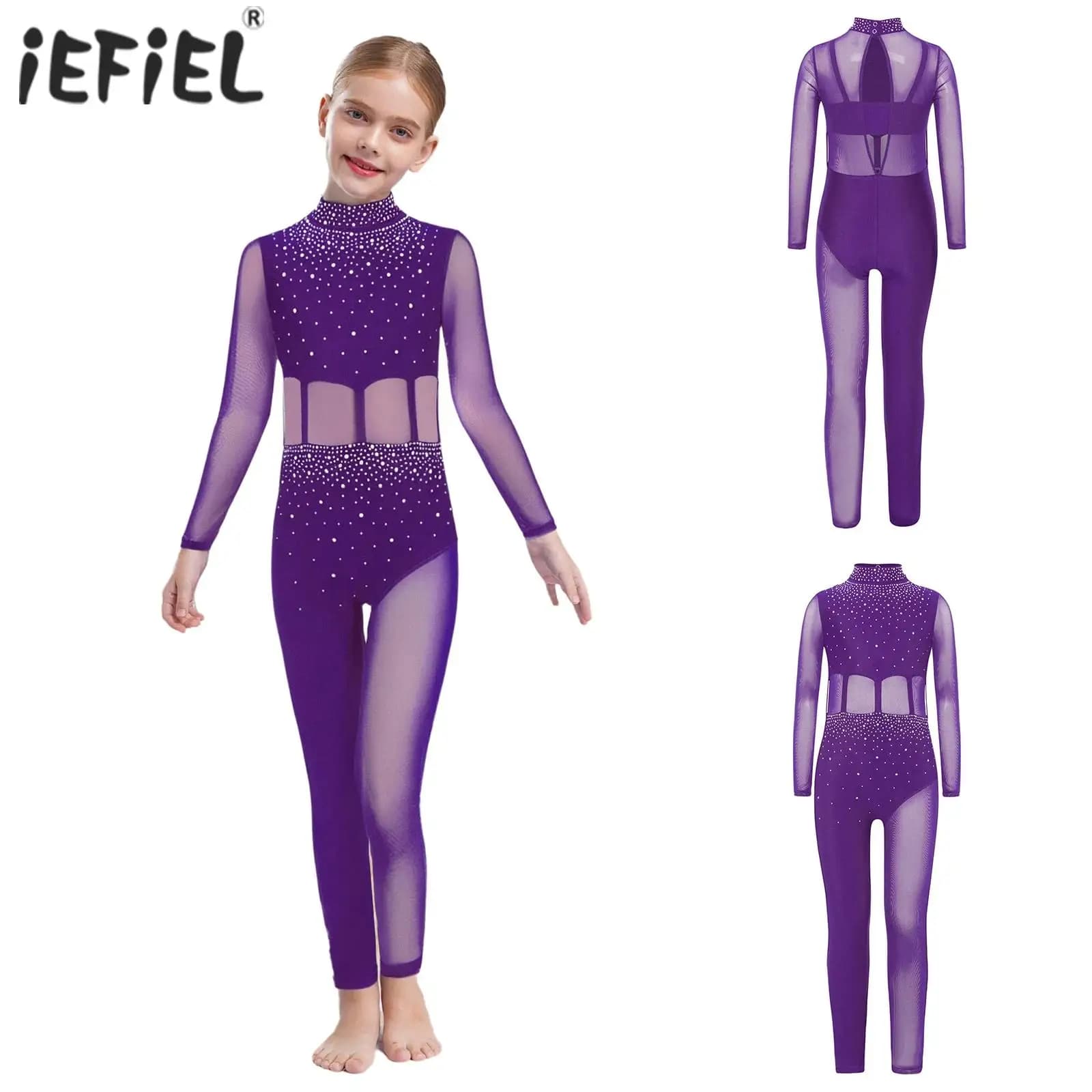 Mono de gimnasia y Ballet para niñas, pelele de patinaje artístico, malla transparente, leotardo de Fitness de cuerpo completo, cuello simulado,
