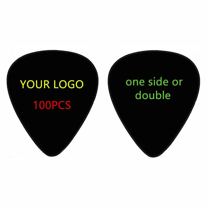 100 piezas de púas de guitarra de celuloide personalizadas con logotipo, impresas por ambos lados en negro, de alta calidad.