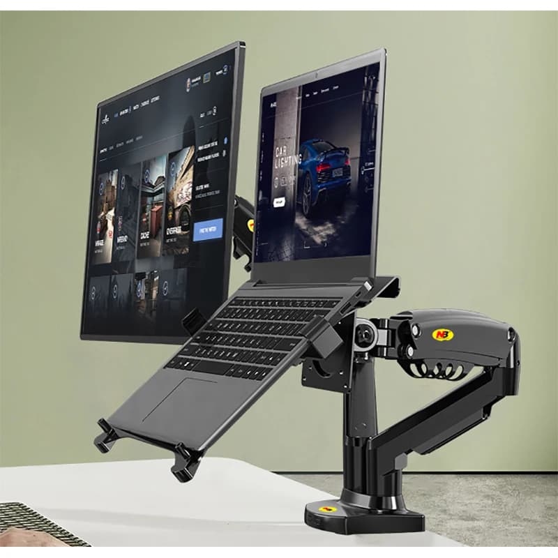Escritorio NB F160 + brazo doble con resorte de Gas FP-2 para soporte de Monitor de 17 "-27" + soporte para portátil de 10"-17 ", soporte de montaje