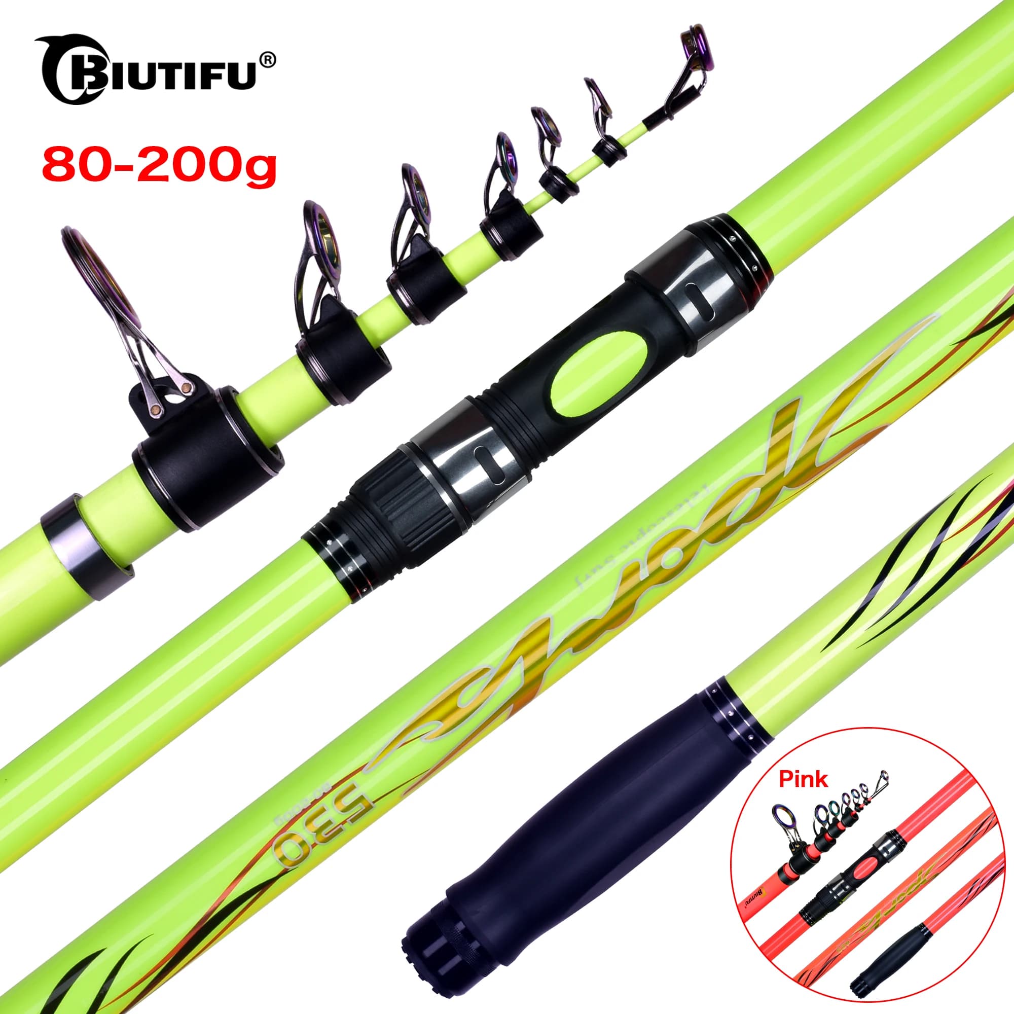 Cañas de Pescar Telescópicas BIUTIFU para Surfcasting, 4.25/4.5/5.0m, Carbono T1000, Potencia de Spinning 80-200g, Lanzamiento a Larga Distancia