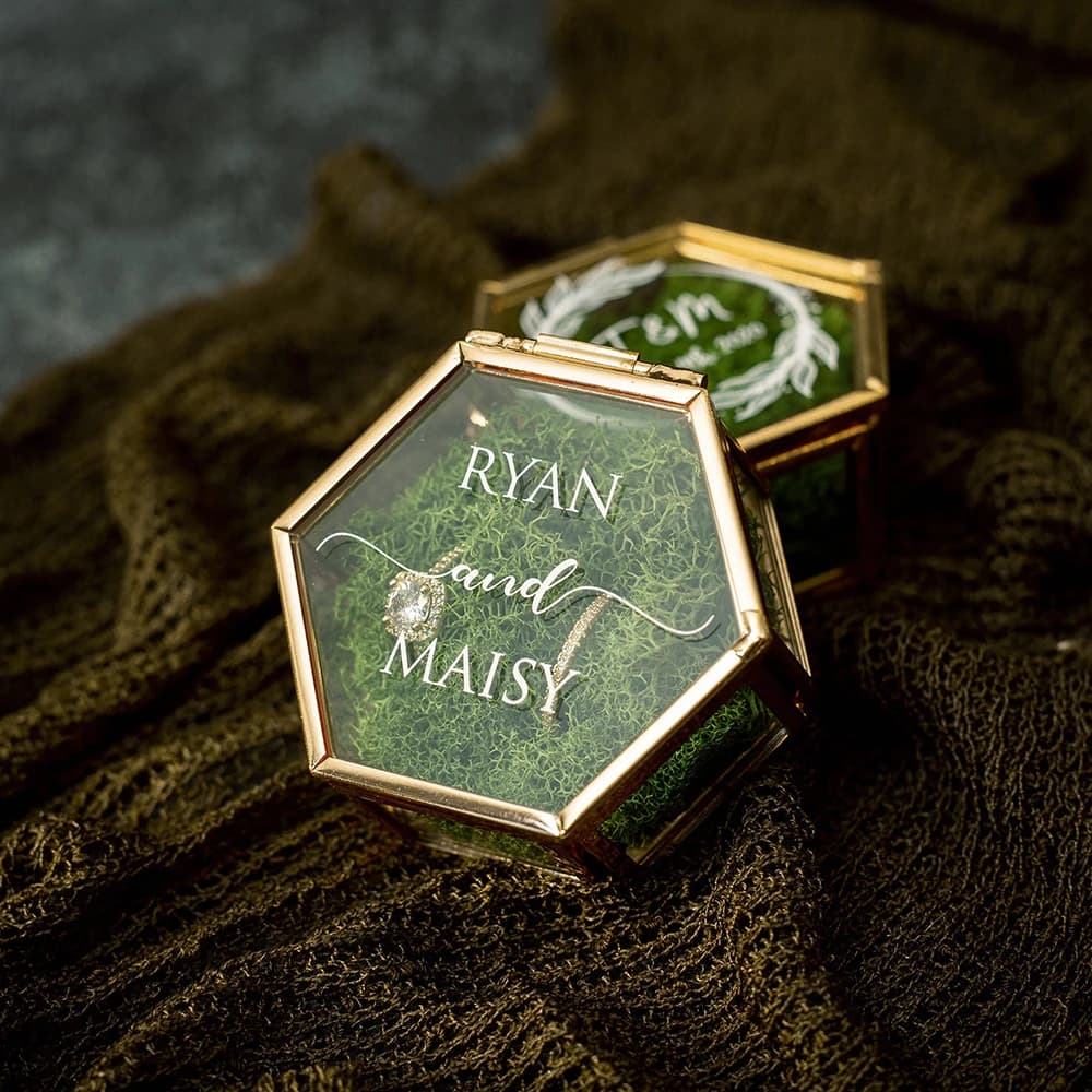 Caja de anillo de cristal hexagonal personalizada con musgo, caja portadora de anillo de oro para boda, caja de almacenamiento de joyería