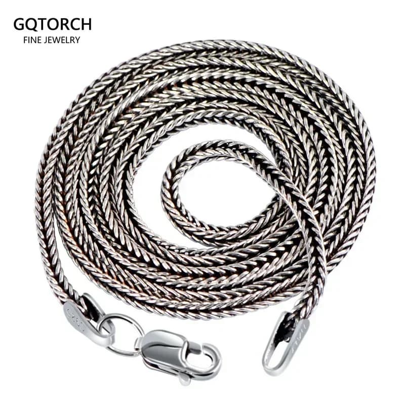 Collar de plata de ley 925 pura auténtica, cadena para mujeres y hombres, cola de zorra Vintage de 1,6mm, plata tailandesa sólida Retro, joyería