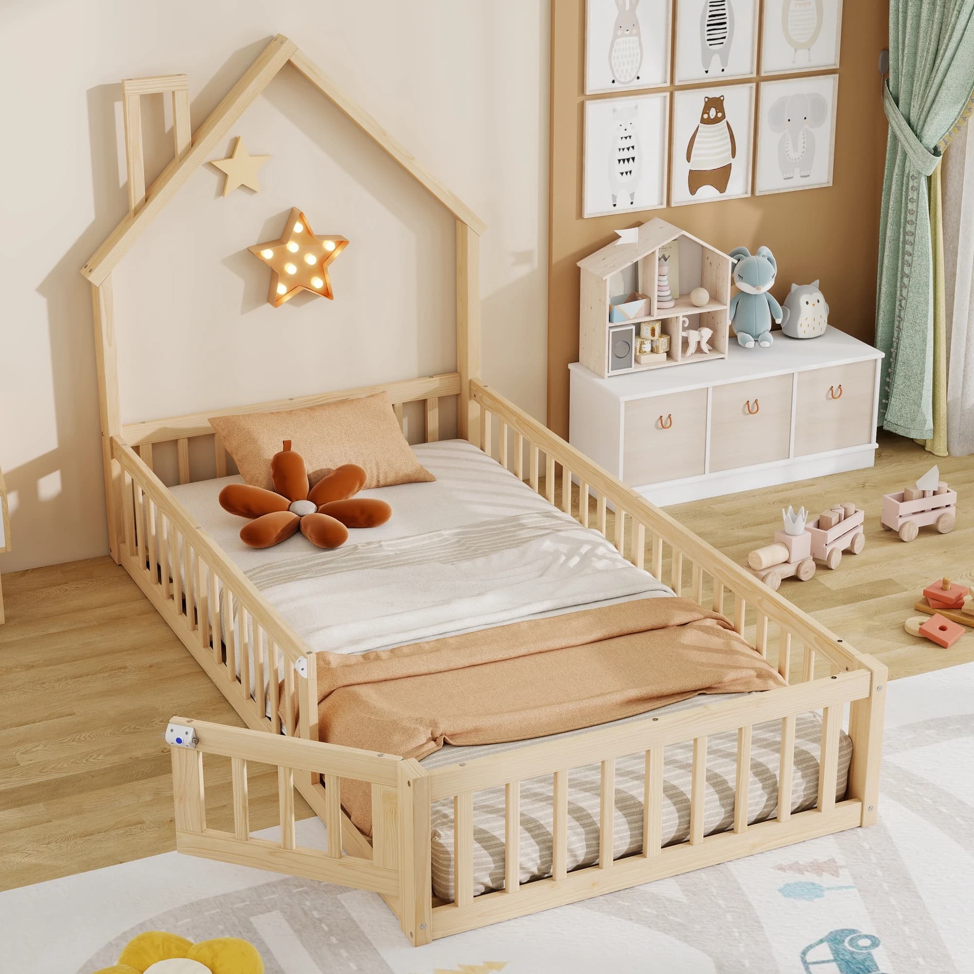 HOUSE SPOLE 90x200cm Cama tipo casita con rejilla de seguridad, cama de madera con forma de chimenea