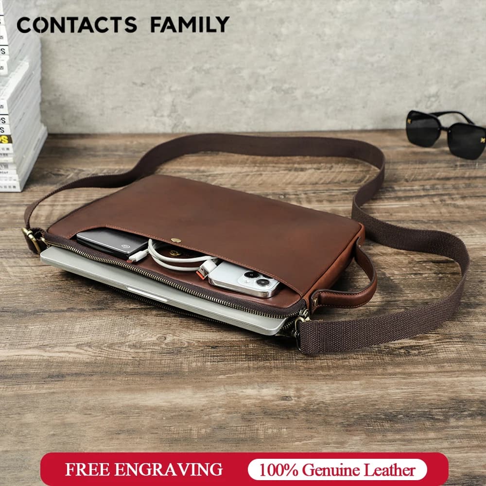 Bolso de cuero genuino para ordenador portátil para MacBook Pro Air 14 13, bolso cruzado, maletín, bolso de negocios con correa para el hombro