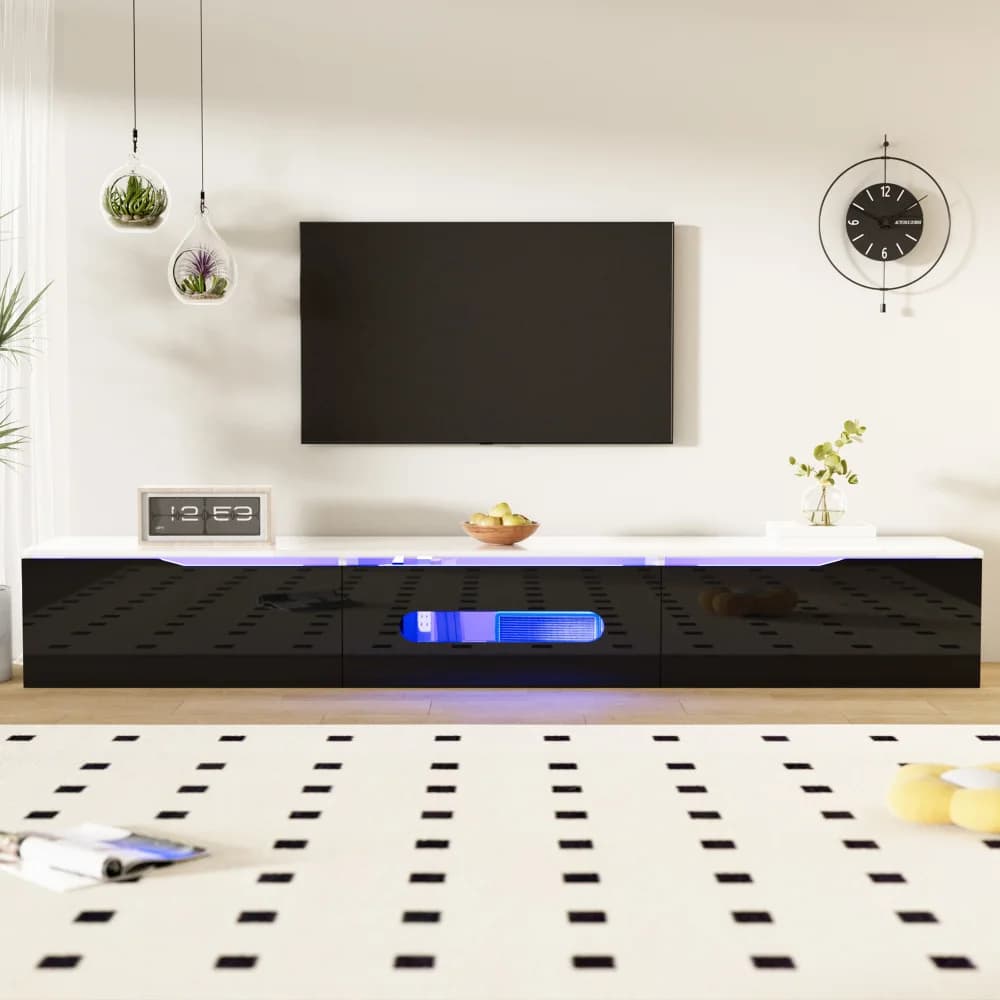 Mueble TV blanco y negro, 180 cm de largo, superficie brillante, con iluminación LED de 16 colores, montable en la pared