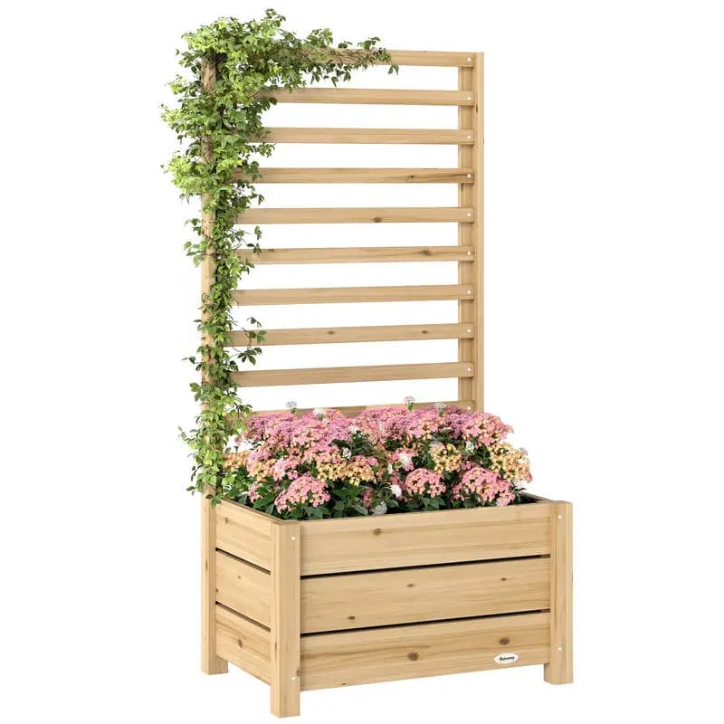 Jardinière con trellis, maceta con vista panorámica, orificio de drenaje y doble interior, 60 x 39 x 120 cm, madera natural