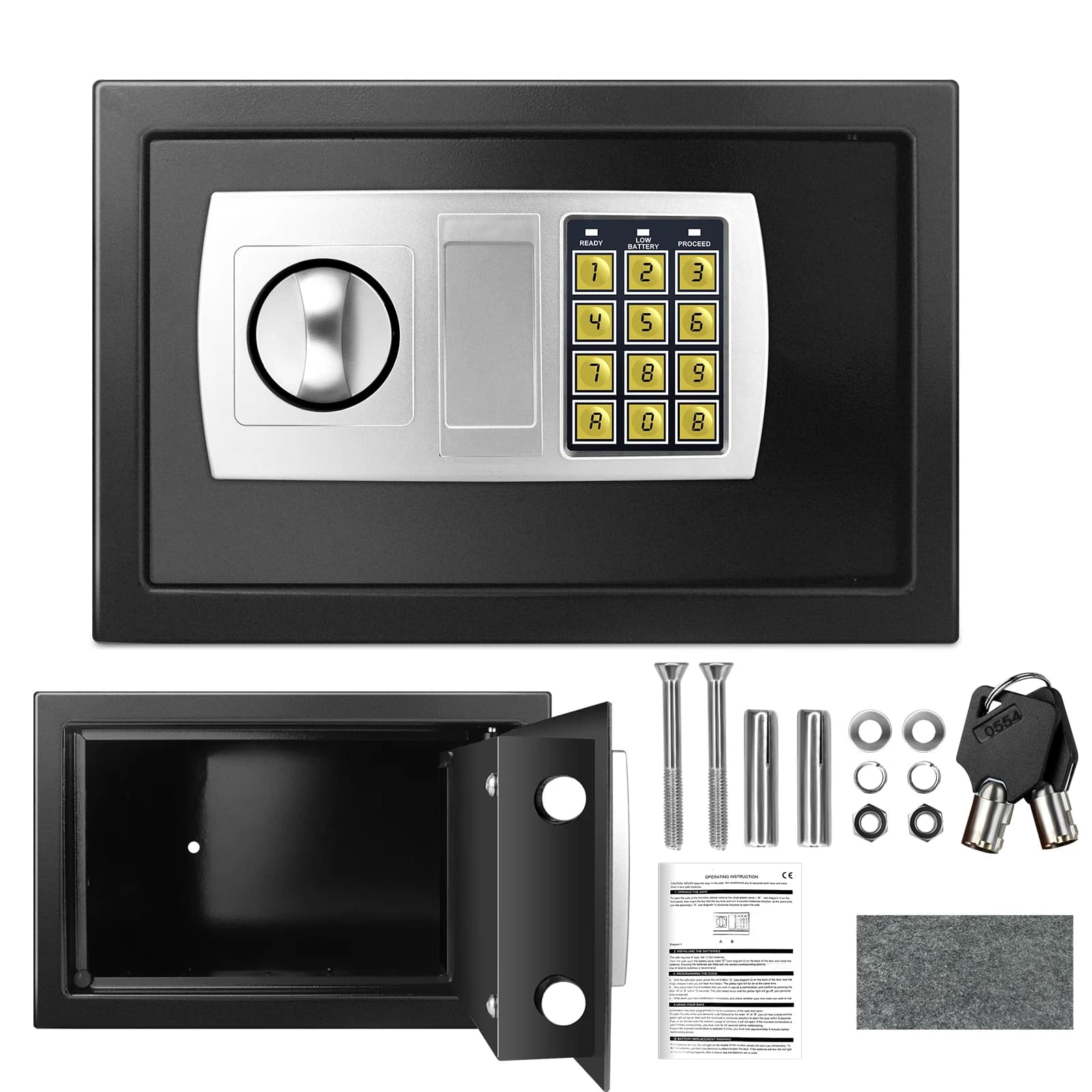 Caja fuerte de seguridad de 8.5 litros con combinación de código digital y llaves, fabricada en acero sólido, resistente a robos y al fuego.
