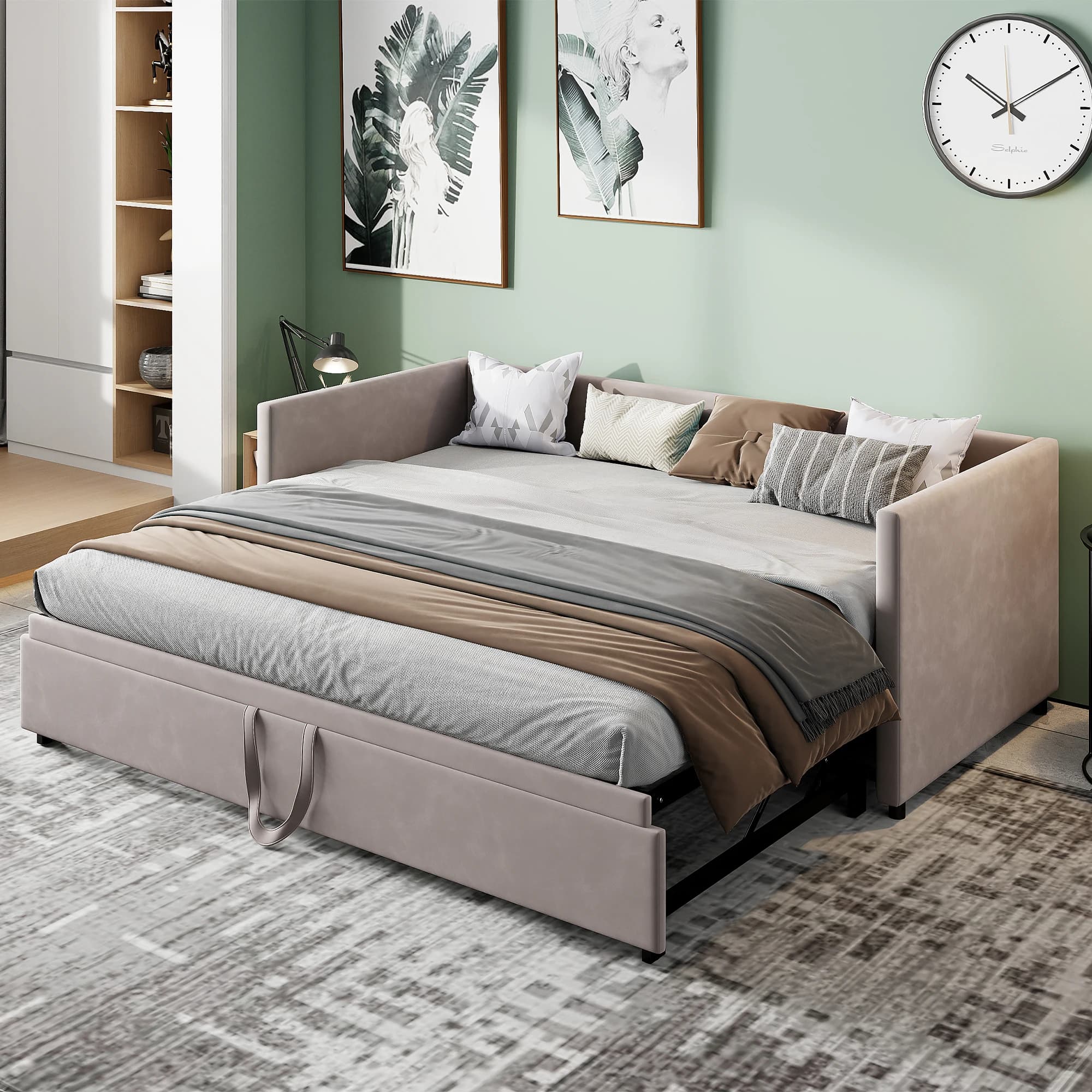 Rosahqnda Sofá cama de día 90/180x200 cm Sofá cama tapizado con marcos de láminas, cama multifuncional, tela de terciopelo, gris, sin colchón