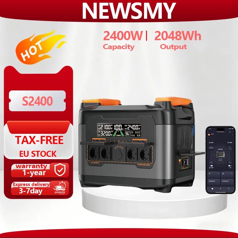 Estación de Energía Portátil NEWSMY S2400, 2400W, 2048Wh, LiFePO4, Generador Solar, Carga Rápida, UPS, Energía de Respaldo para Camping, RV,