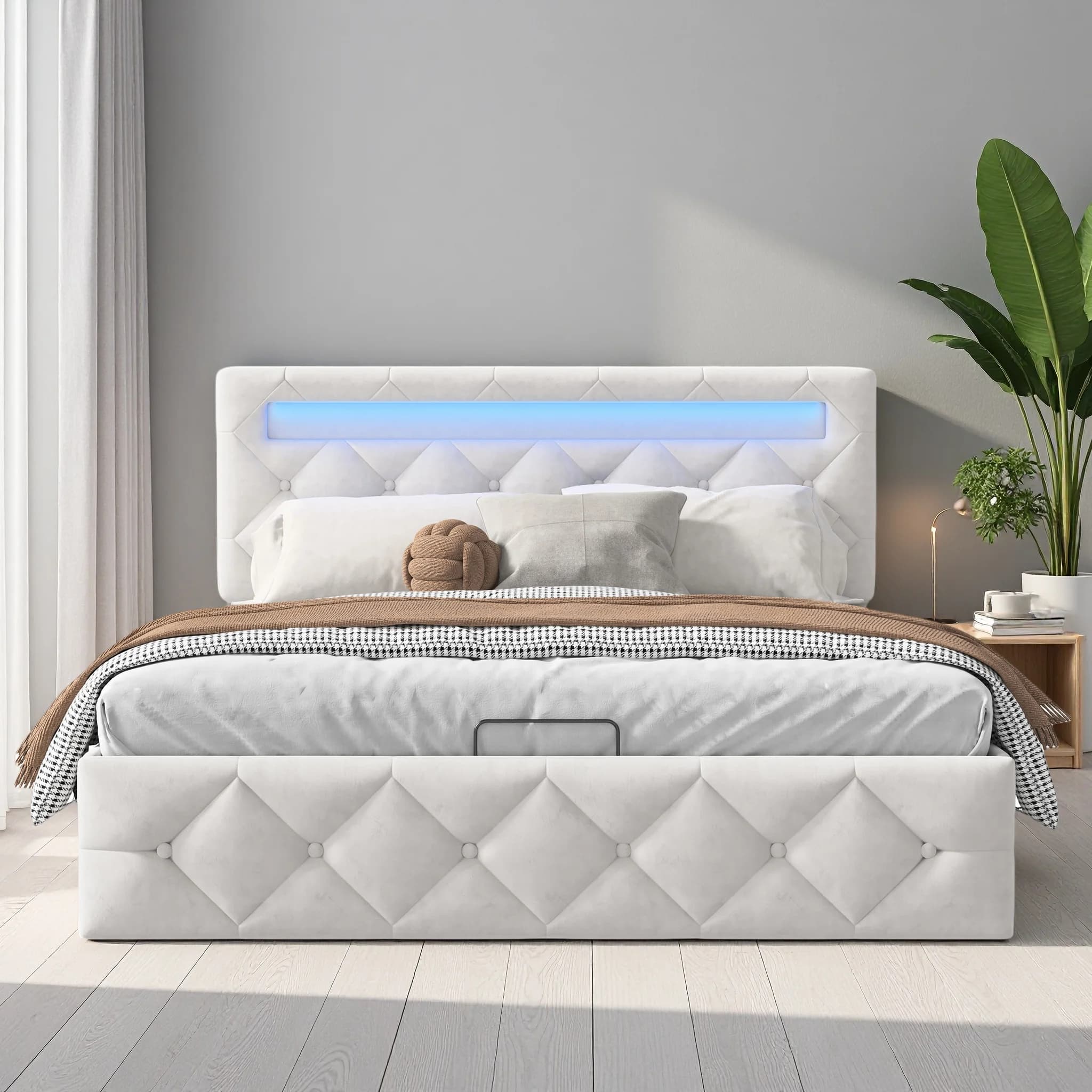 Cama con Almacenamiento Hidráulico Comanlai, Cama Doble Tapizada con Luces LED y Estructura de Listones, Terciopelo, Estructura de Cama 140x200cm,