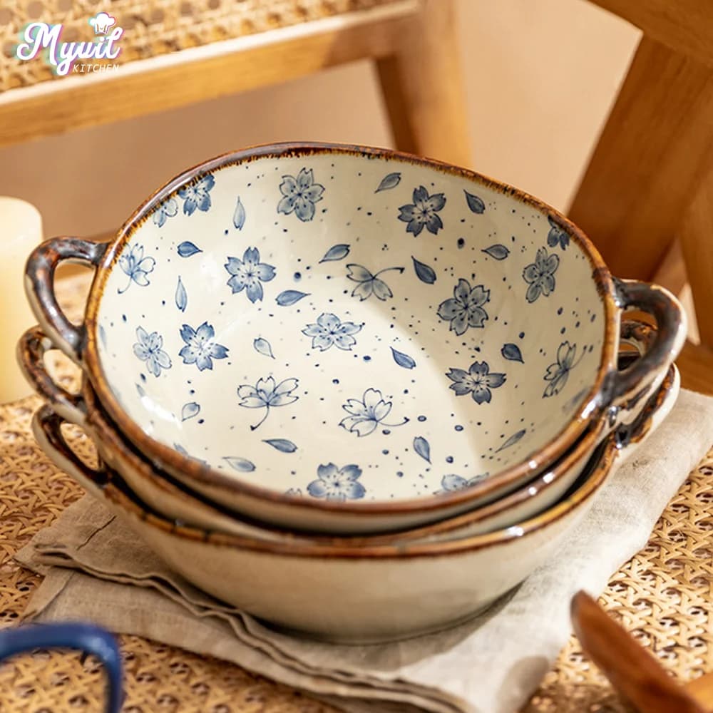 Cuenco de fideos japonés para el hogar, tazón de sopa de cerámica con mango, ensalada, Pasta, vajilla de cocina, horno microondas, utensilios para