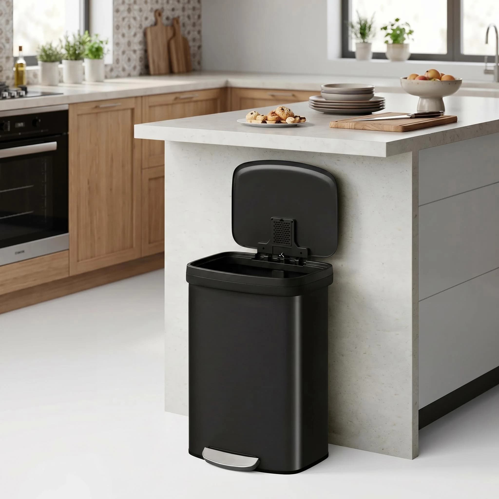 Cubo de basura de acero inoxidable para cocina – Cubo con pedal y tapa de plástico negra, cierre suave, control de olores, resistente a huellas