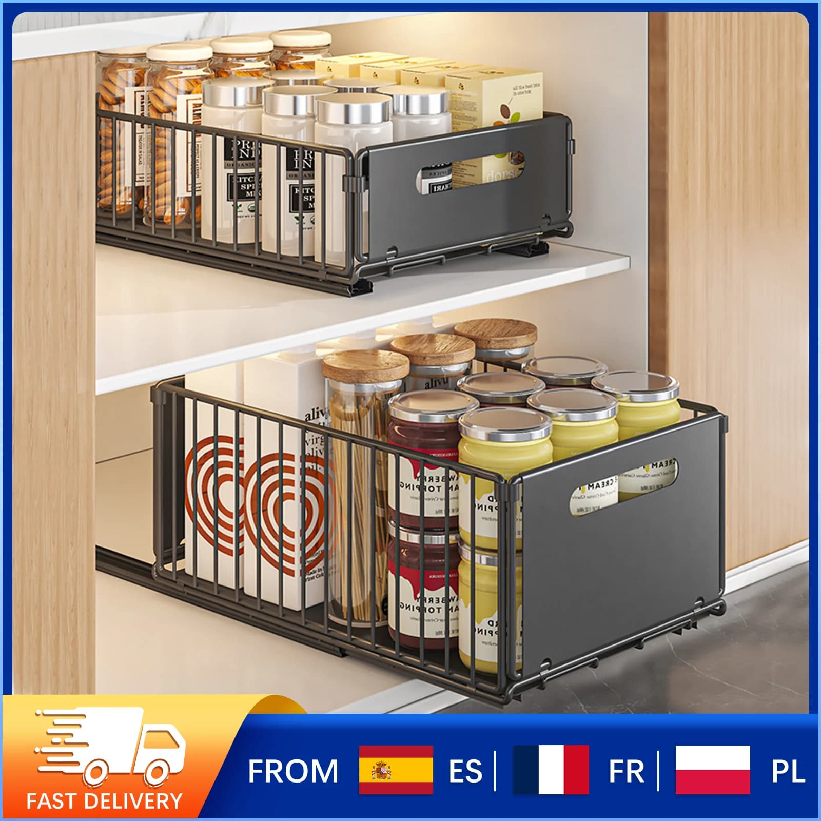 Estante organizador de armario de cocina extraíble, 2 uds., con rieles deslizantes, estantes de almacenamiento para cajones, cesta para cocina sin