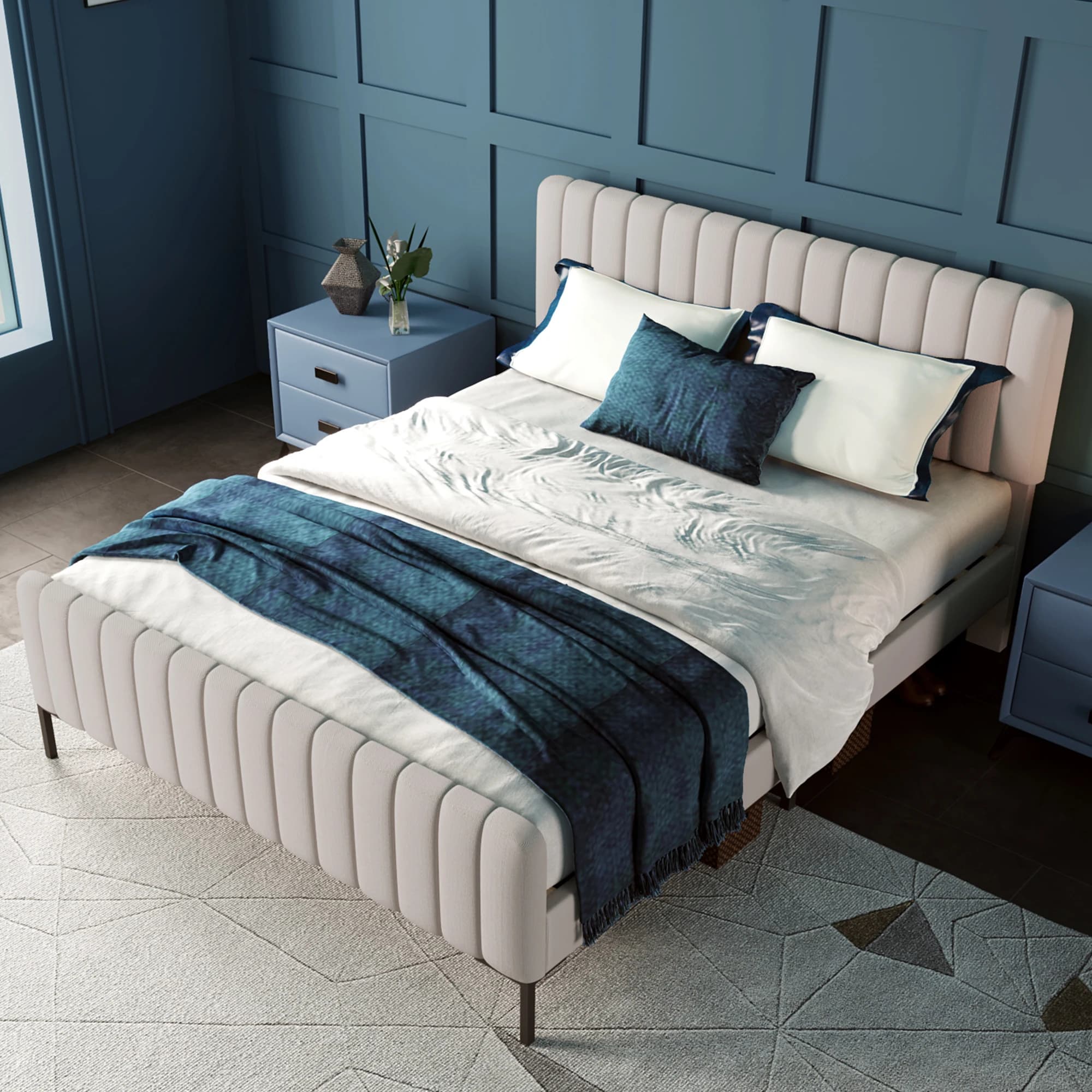Cama tapizada MODFU, cama doble de 140x200 cm, somier de láminas, cabecero ajustable, lino beige