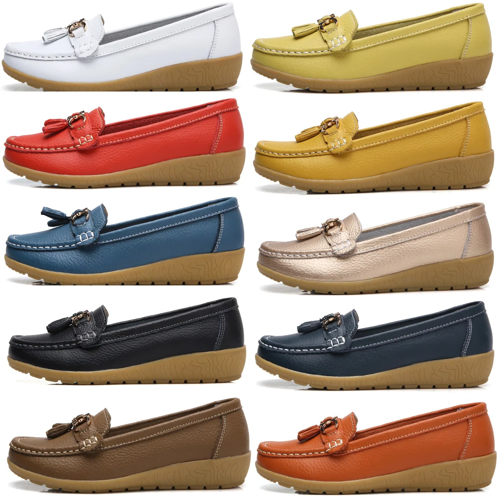 Mocasines sin cordones de cuero para mujer, mocasines cómodos informales blancos con suela de goma con borla de Metal, tallas grandes 41 42 43 para