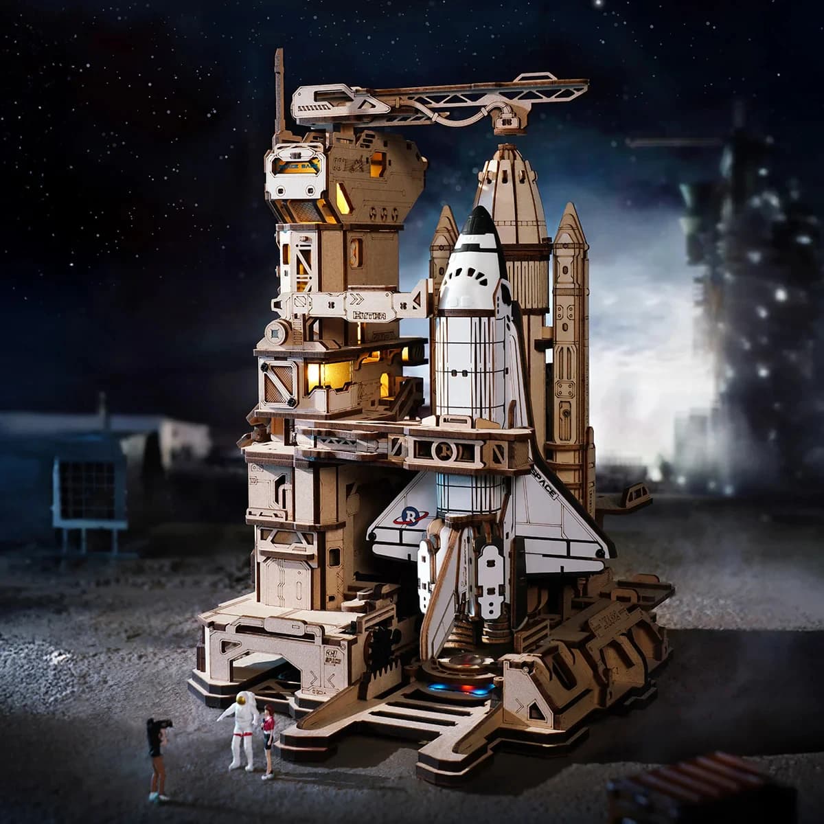 Robotime Space Shuttle Rompecabezas de madera 3D Torre de lanzamiento de cohetes móvil con luces Proyecto de vástago de construcción mecánica para