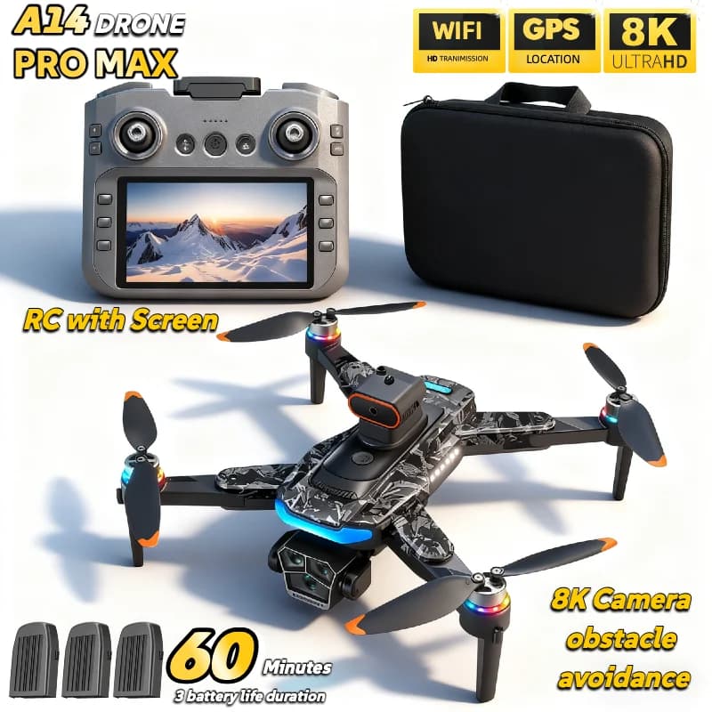 Dron Cuadricóptero Plegable A14 Pro Max Original con GPS, Sin Escobillas, 8K, Tres Cámaras, Evitación de Obstáculos, con Pantalla, Control Remoto,