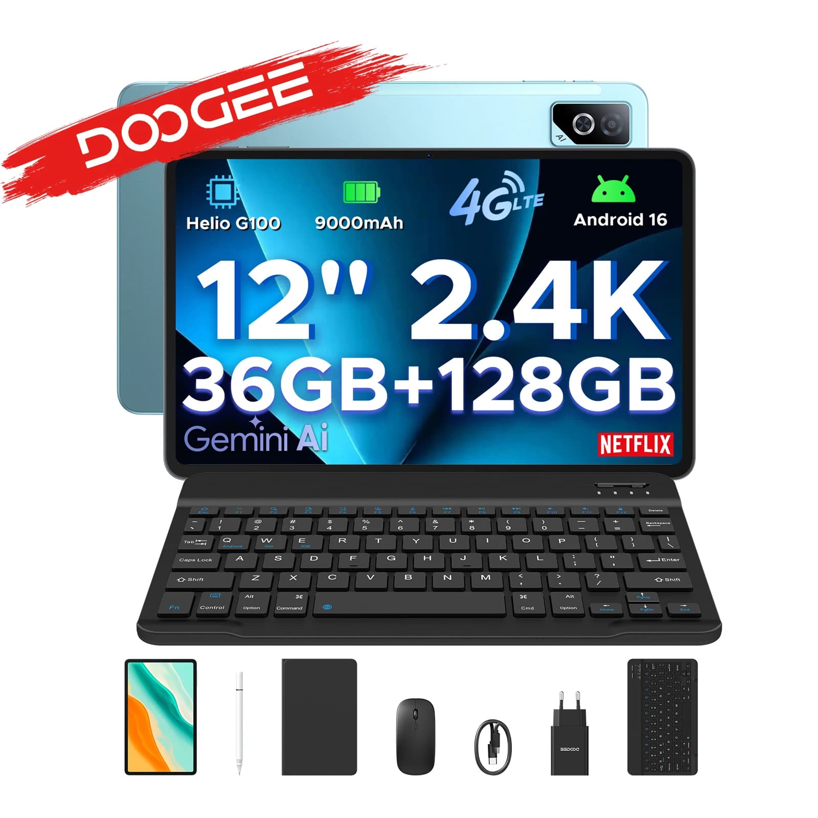 Tablet PC 2 en 1 DOOGEE Tab G6 Pro, Android 16 Gemini AI, Pantalla de 12 Pulgadas 2.4K, 36 GB de RAM (8+28), 128 GB de ROM, Batería de 9000 mAh,