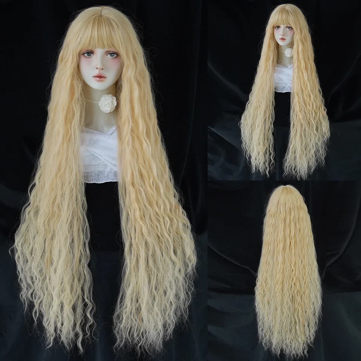 PARK YUN-Peluca de Cosplay rubia Extra larga con flequillo, postizo largo y rizado, Lolita, sintética, resistente al calor, 44 pulgadas