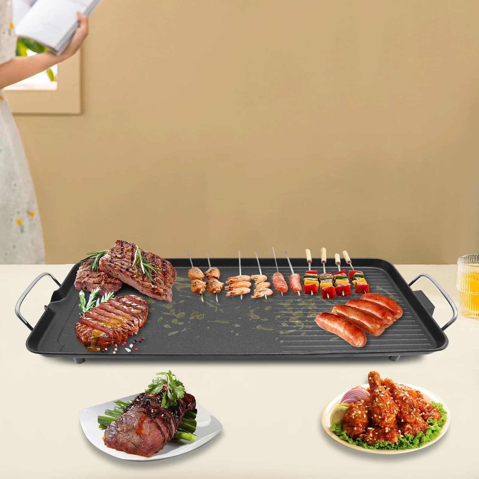 Parrilla de barbacoa eléctrica 1500W Recubrimiento antiadherente 5 engranajes de temperatura 26.77x11.02in Área de asar para uso en interiores y