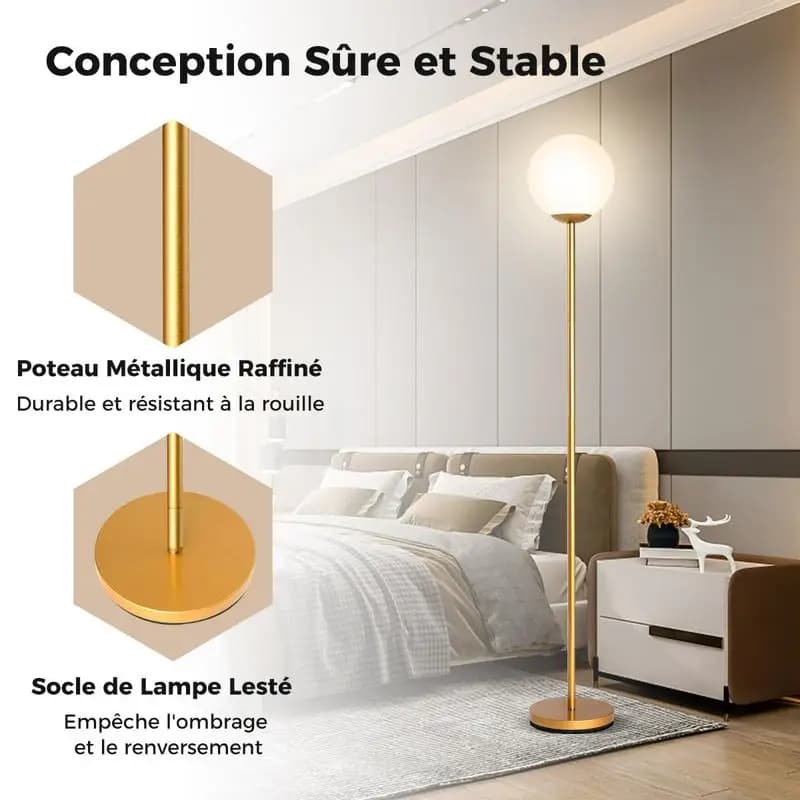 Lámpara de pie moderna, 165 cm de altura, con pantalla de vidrio y base pesada, interruptor de pie, lámpara de pie decorativa dorada. Envío desde