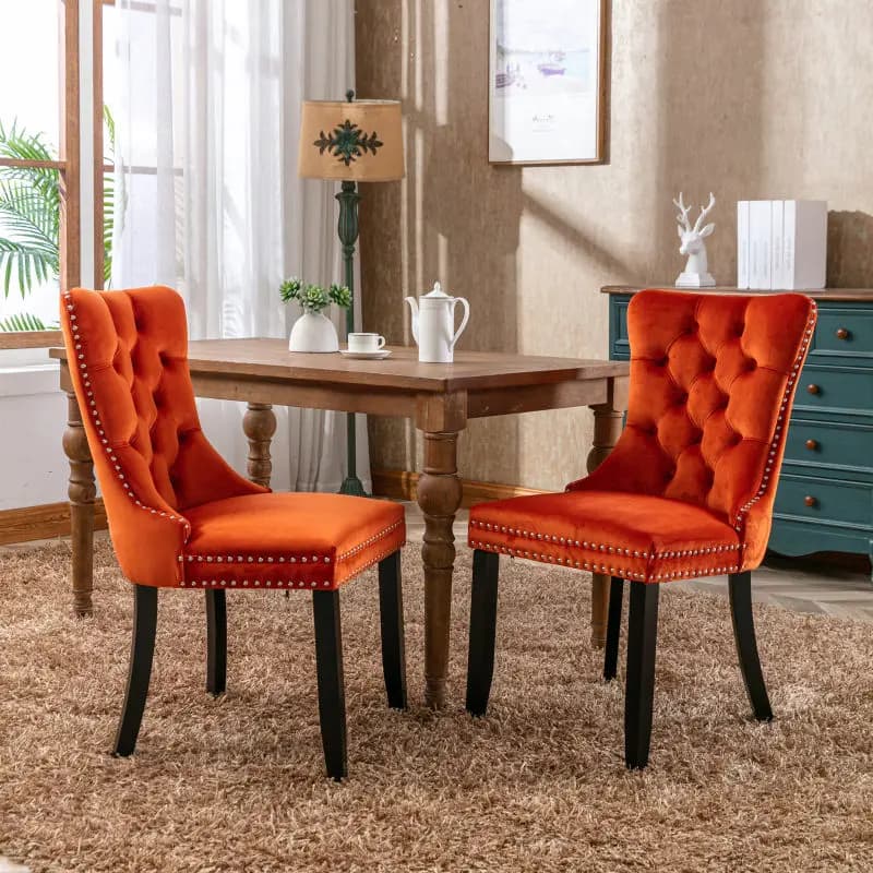 Juego de 2 Sillas de Comedor de Lujo en Madera Maciza y Terciopelo - Diseño Moderno de Alta Gama con Tapizado - Patas de Madera Maciza con Adornos de
