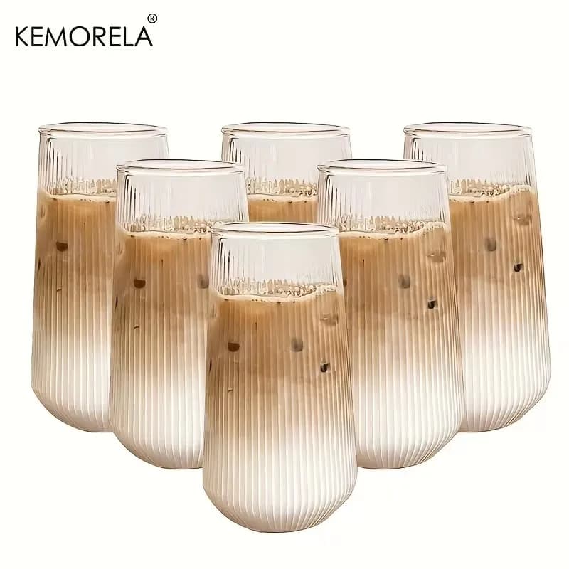KEMORELA 4/6 Uds. Taza de agua de vidrio de café transparente con rayas verticales resistentes al calor leche cerveza jugo taza de té taza para