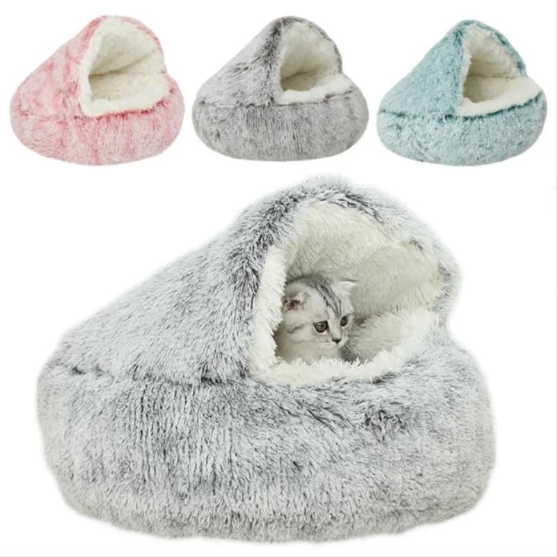 Cama redonda de felpa para gato, cesta cálida 2 en 1, nido, perrera para perro pequeño
