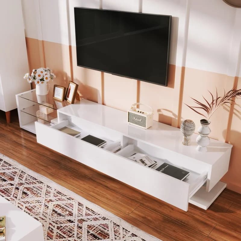 Mueble para TV Pared de vidrio blanco de alto brillo y iluminación LED variable. Combina estilos naturales y rurales con diseño moderno.