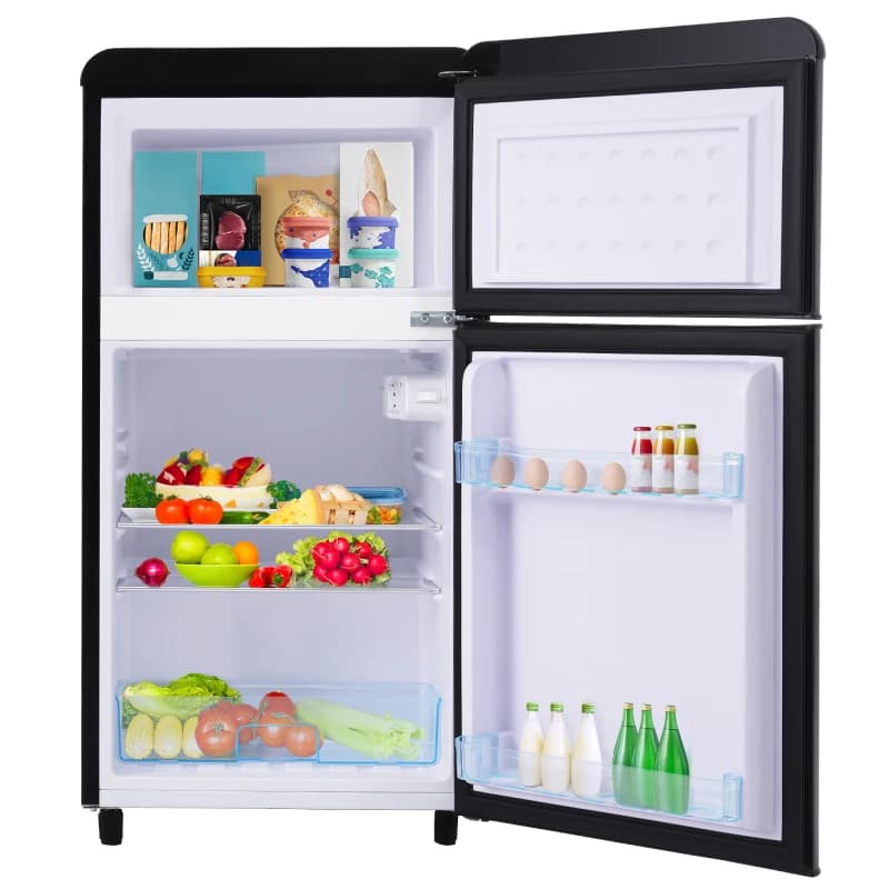 Refrigerador de estilo retro, modelo de doble puerta superior e inferior, capacidad total de 72 litros, con compartimento de congelación de 21