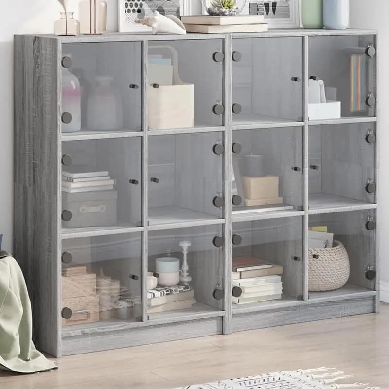 Librería con puertas para salón y oficina – material de madera con frentes de vidrio, librería moderna cerrada con panel superior estable y