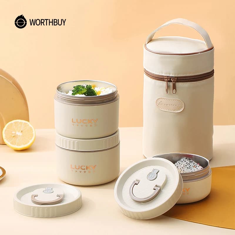 WORTHBUY Juego de fiambrera Bento, contenedor de almuerzo portátil para mantener el calor con bolsa aislada, contenedor térmico de alimentos de