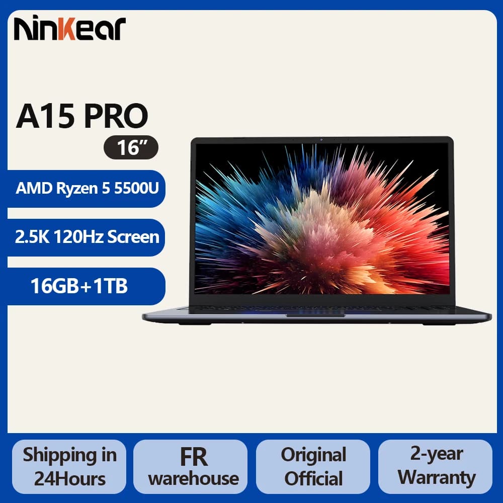 Ninkear A15 Pro Portátil AMD Ryzen 5 5500U 16GB RAM 1TB SSD 16 pulgadas 2.5K 120Hz IPS Metal Windows 11 WiFi6 Huella dactilar 65W Carga rápida