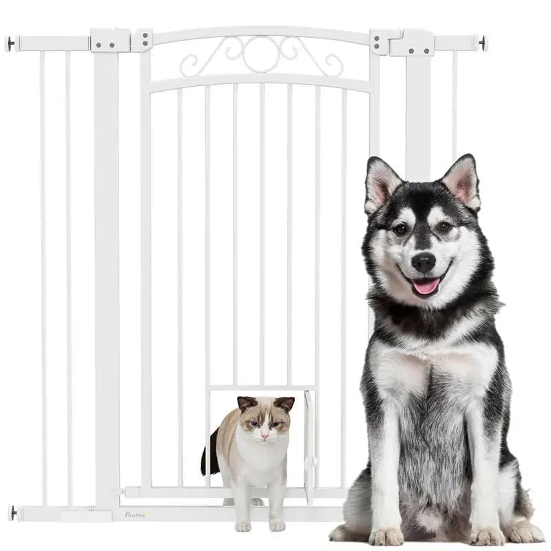Cerradura de Seguridad para Perros Ajustable con Extensiones y Puerta para Gatos, 76-104x106cm, Blanco