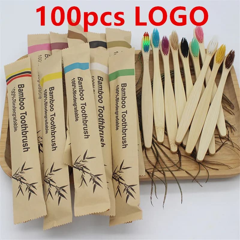 50/100 Uds. Cepillo de dientes de bambú de cerdas suaves con logotipo personalizable, cepillos de dientes de madera ecológicos, herramientas de