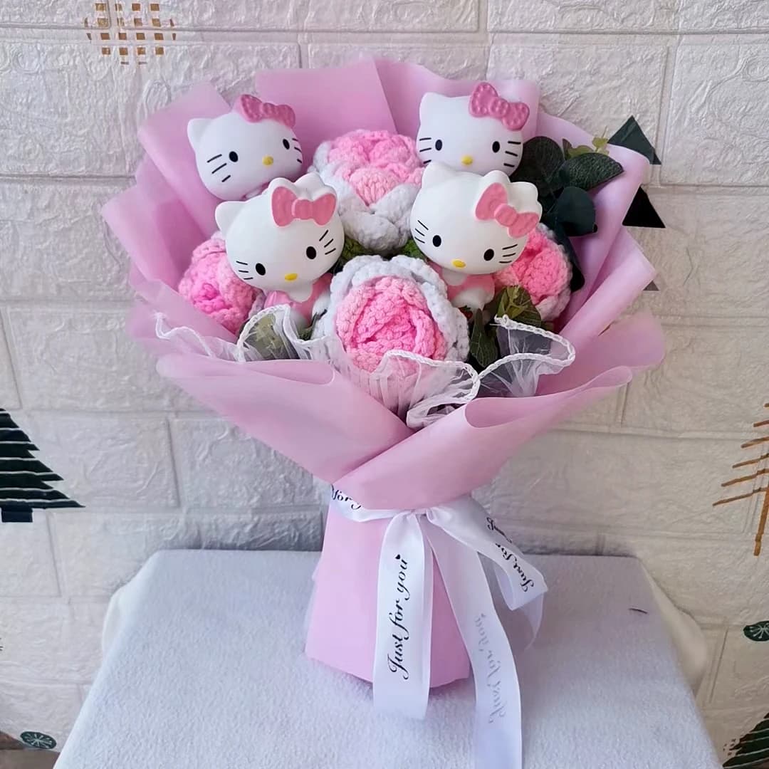 Ramo de peluche de dibujos animados de Hello Kitty, muñeco de flores rosas de Anime, decoración para el hogar, boda, regalo de Navidad y San