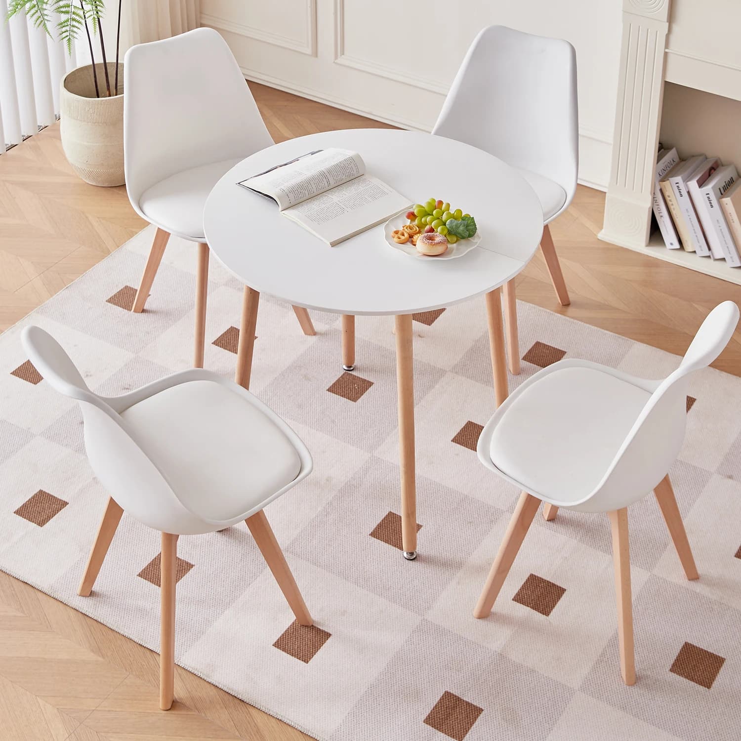 Juego de Mesa de Comedor Redonda Nórdica EGOONM con 4 Sillas de Comedor, Asientos con Cojines de PU para Comedor, Cocina, Restaurante, Balcón y