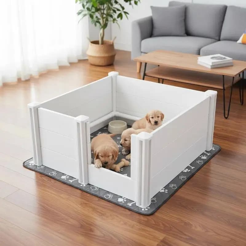 Caja de parto para perros, 98x98x46cm, corral para cachorros de plástico PVC con puerta de altura ajustable y almohadilla lavable, caja para