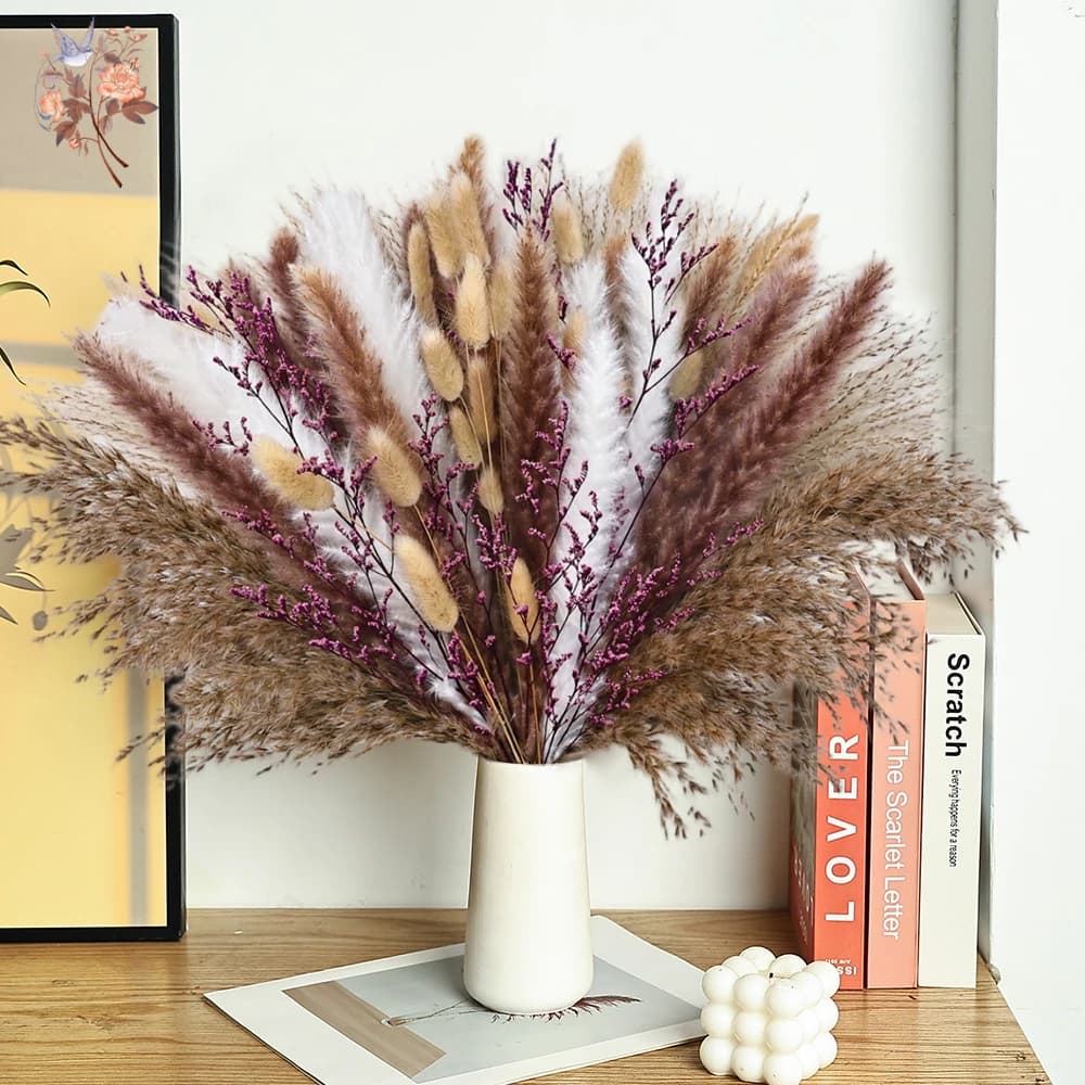 80 Piezas de Flores Secas Naturales de Pampas y Limonium, Color Morado, para Decoración Elegante y Retro del Hogar, Recámara, Relleno de Jarrones,