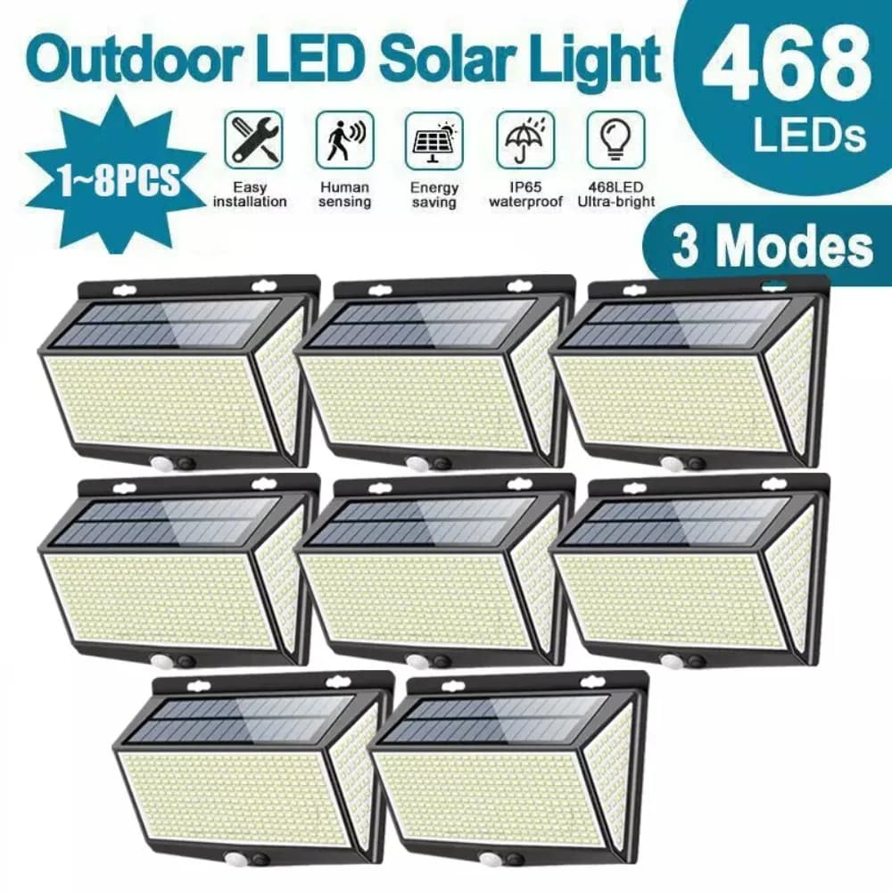 Luz de pared con Sensor de movimiento PIR, luces solares de seguridad impermeables, 3 modos de funcionamiento, 468LED, para camino de jardín, patio y