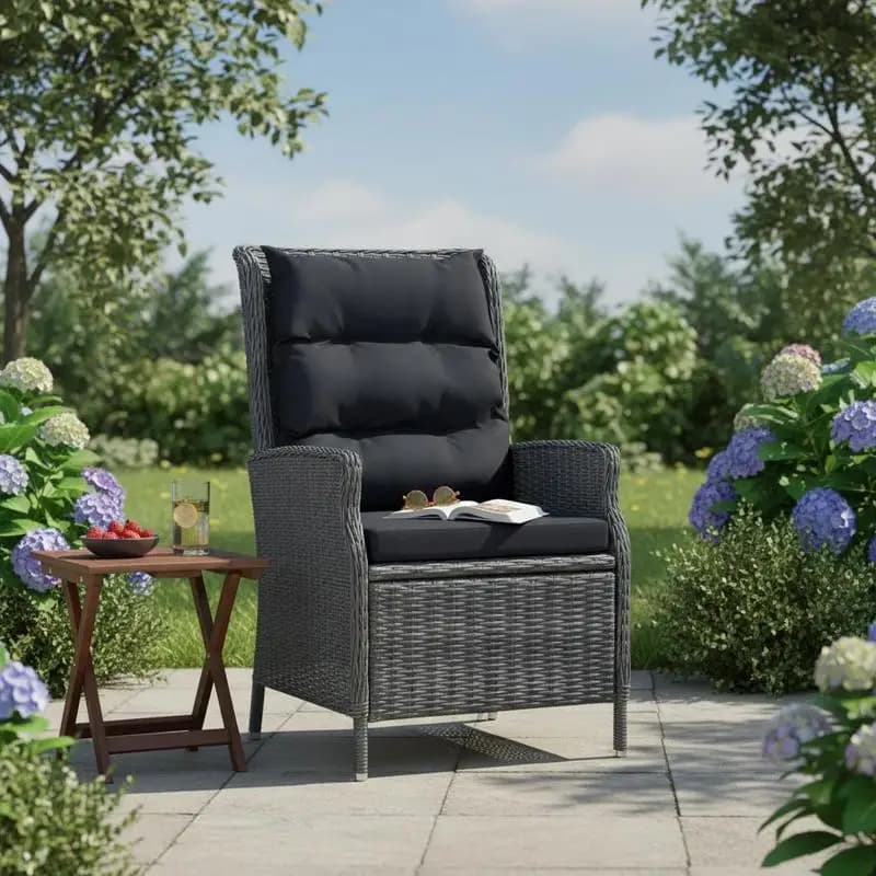Silla de jardín reclinable ajustable de ratán PE redonda gris oscuro de 57×88×100 cm con cojines de espuma de poliéster lavables y extraíbles de