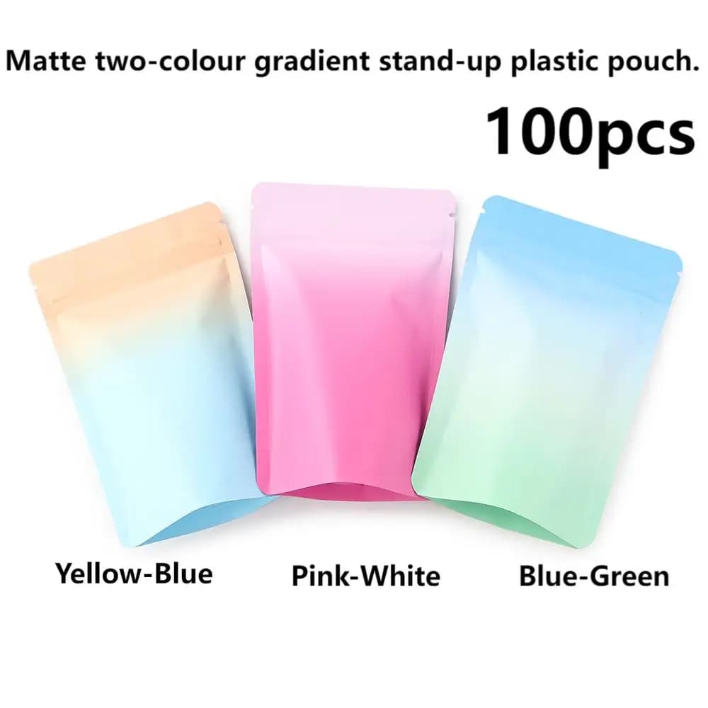 100 bolsas autosellantes de embalaje de plástico de pie con película de aluminio degradada de Color mate, embalaje de almacenamiento de galletas y
