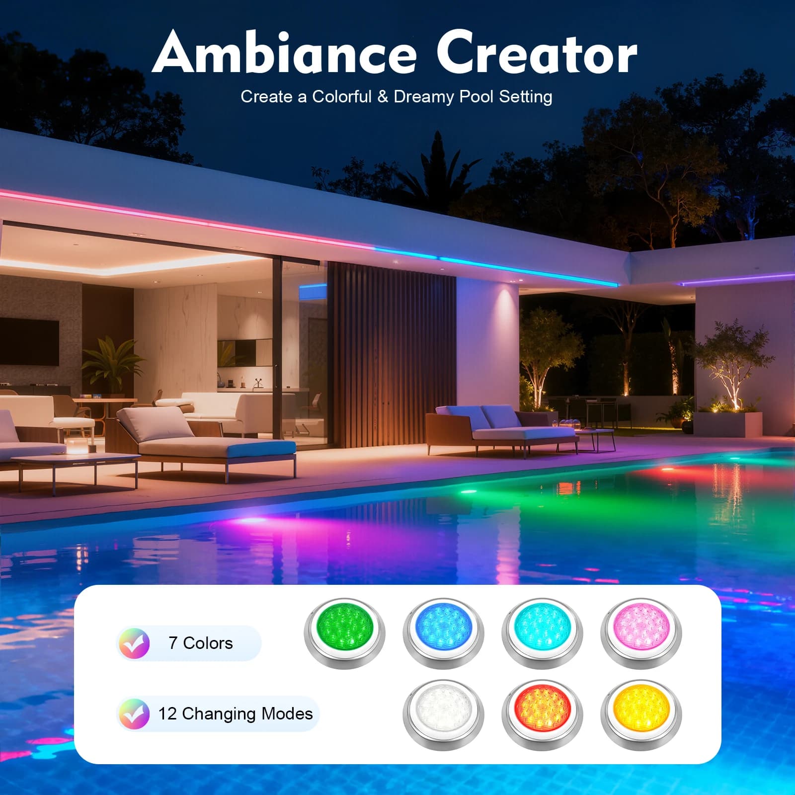 Luz LED RGB para Piscina y Spa Subacuática de 320 pies² con Control Remoto, 7 Colores y 12 Modos, 54W, 12V, Cable de 6 pies, Anillo de Sellado IP68