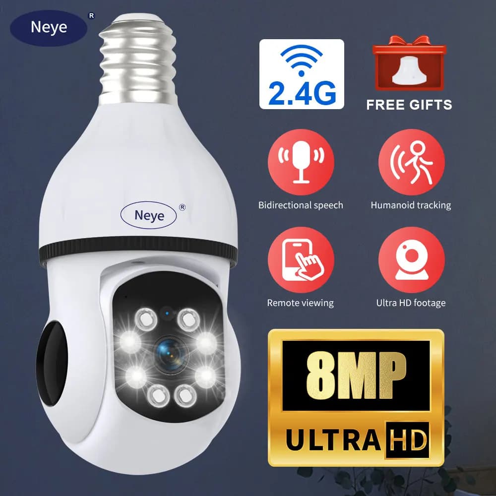 Neye 4K 8MP WiFi Cámara de seguridad Foco E27 Bombilla Cámara Hogar Interior Monitor de bebé 360 °   Cámara IP panorámica Pan Tilt