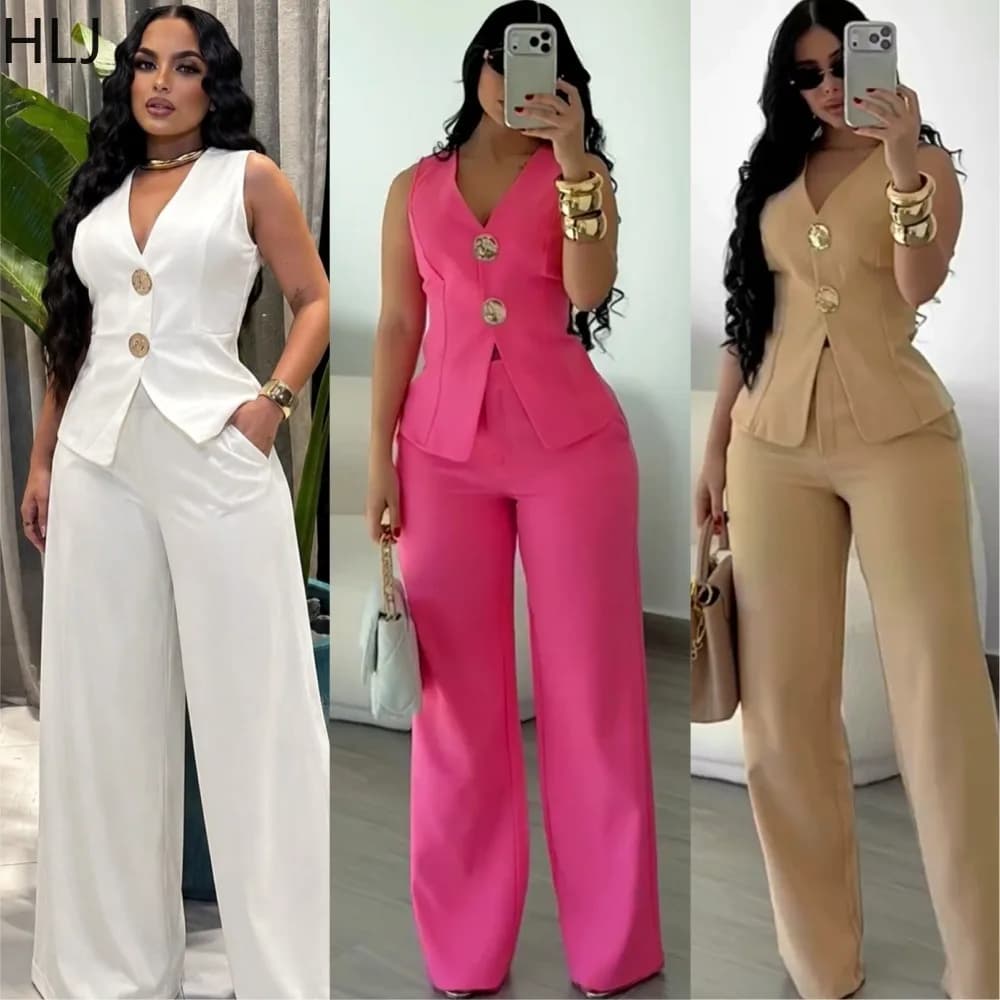 Chaleco de moda HLJ para mujer, color liso, sin mangas, cuello en V, con abertura en la cintura, botón dorado, cintura ajustada, chaleco de cintura